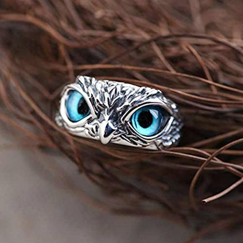 Betsy – Adjustable Silver Ring Owl with Blue Opal