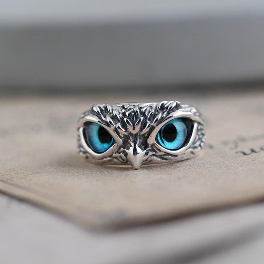 Betsy – Adjustable Silver Ring Owl with Blue Opal