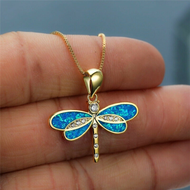 Thea – Gold Necklace with Dragonfly Pendant and Opal
