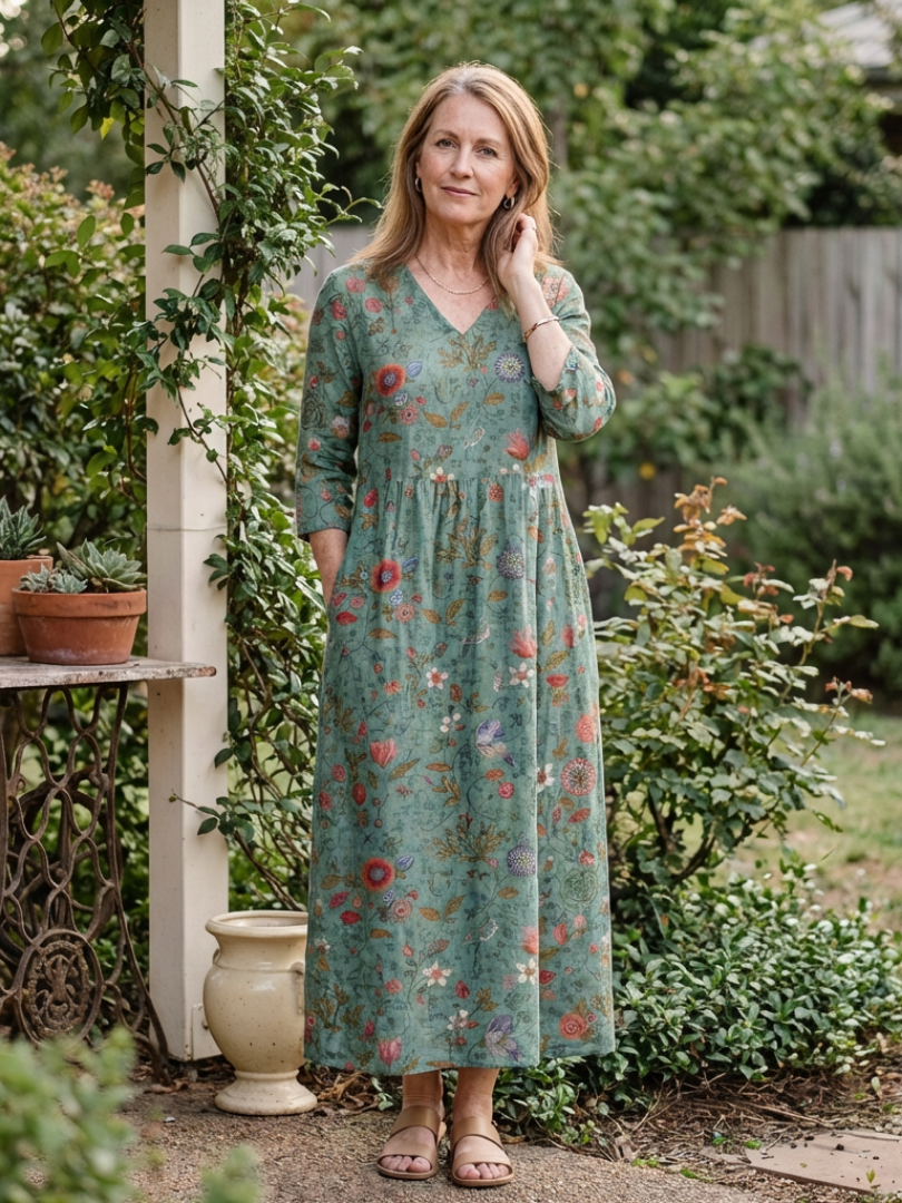Neri - Floral V-Neck Sleeve Maxi Dress