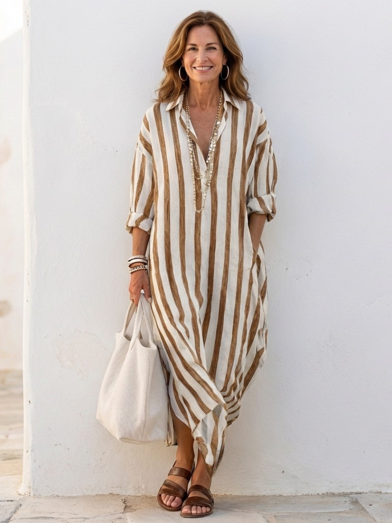 Neri - Long Sleeve Striped Midi Shirt Dress
