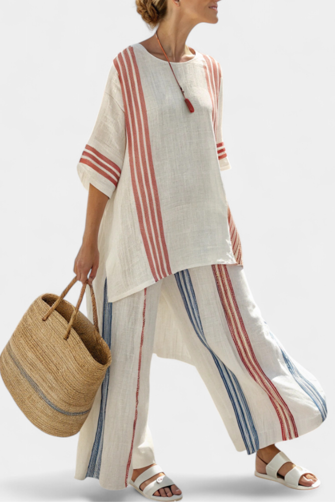Vicky – Sophisticated Multicolored Striped Top and Mediterranean Pants