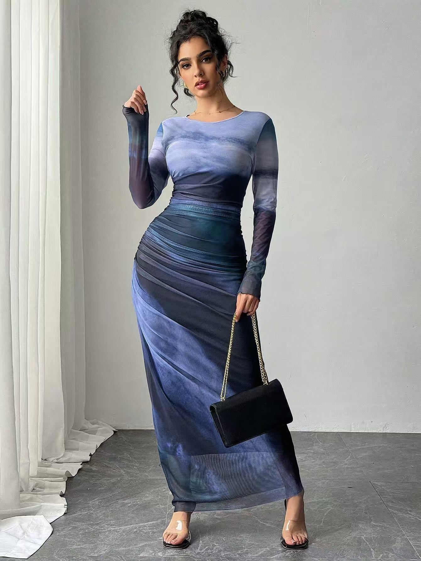 Tyronia – Printed Long Sleeve Bodycon Maxi Dress