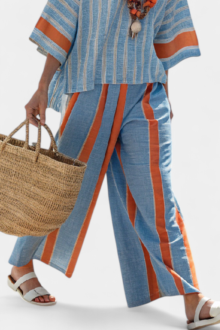 Ria – Sophisticated Terracotta Striped Top and Linen Pants