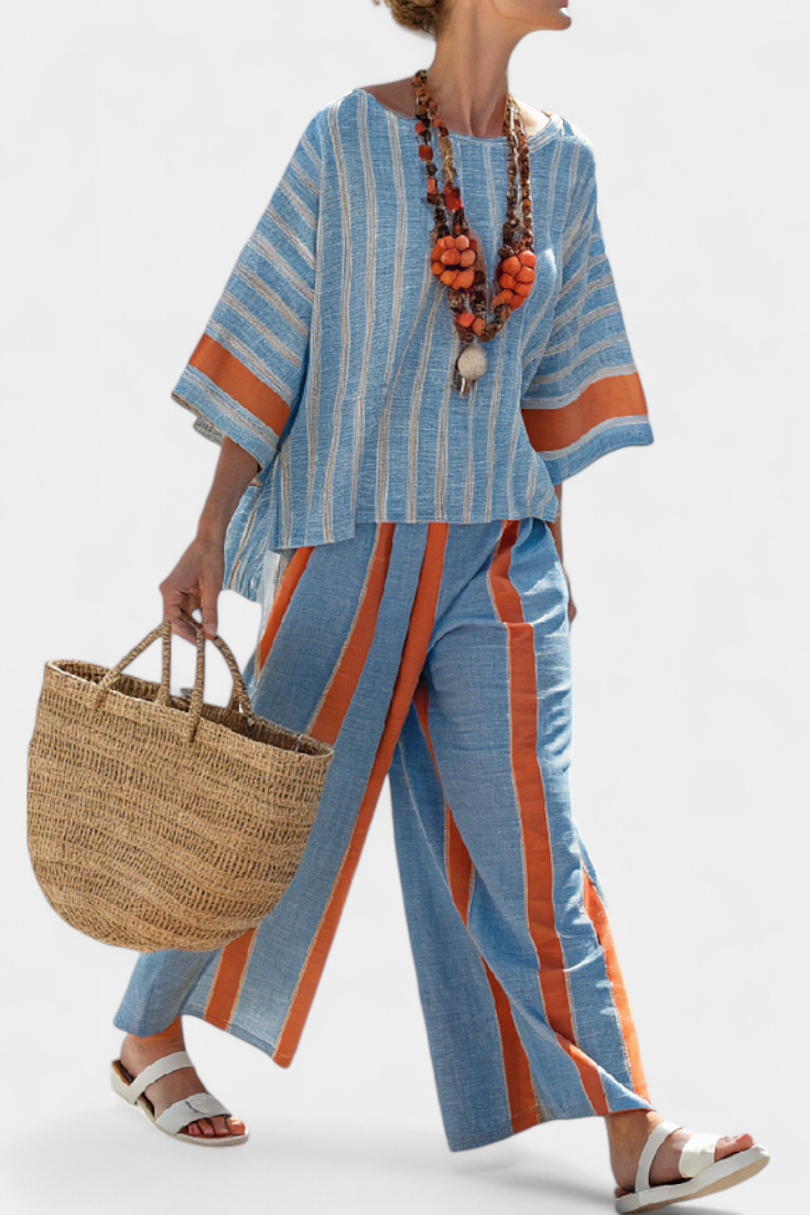 Ria – Sophisticated Terracotta Striped Top and Linen Pants