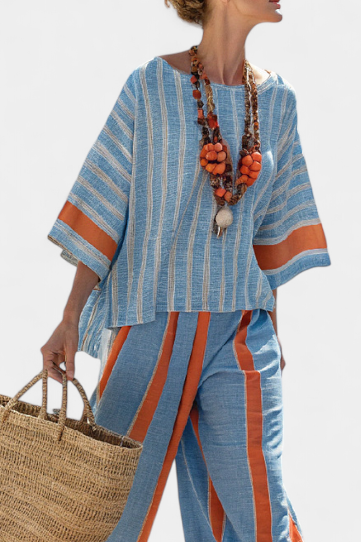 Ria – Sophisticated Terracotta Striped Top and Linen Pants