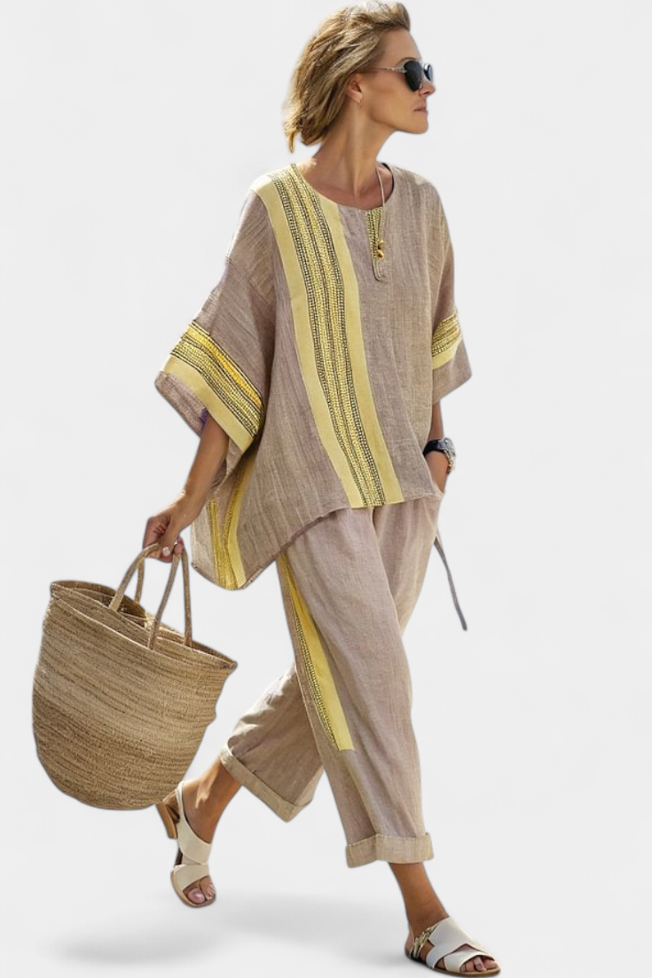 Denisse – Elegant Lavender Top and Mustard-Striped Pants