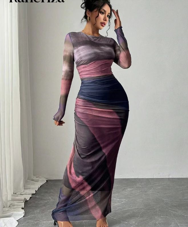 Tyronia – Printed Long Sleeve Bodycon Maxi Dress