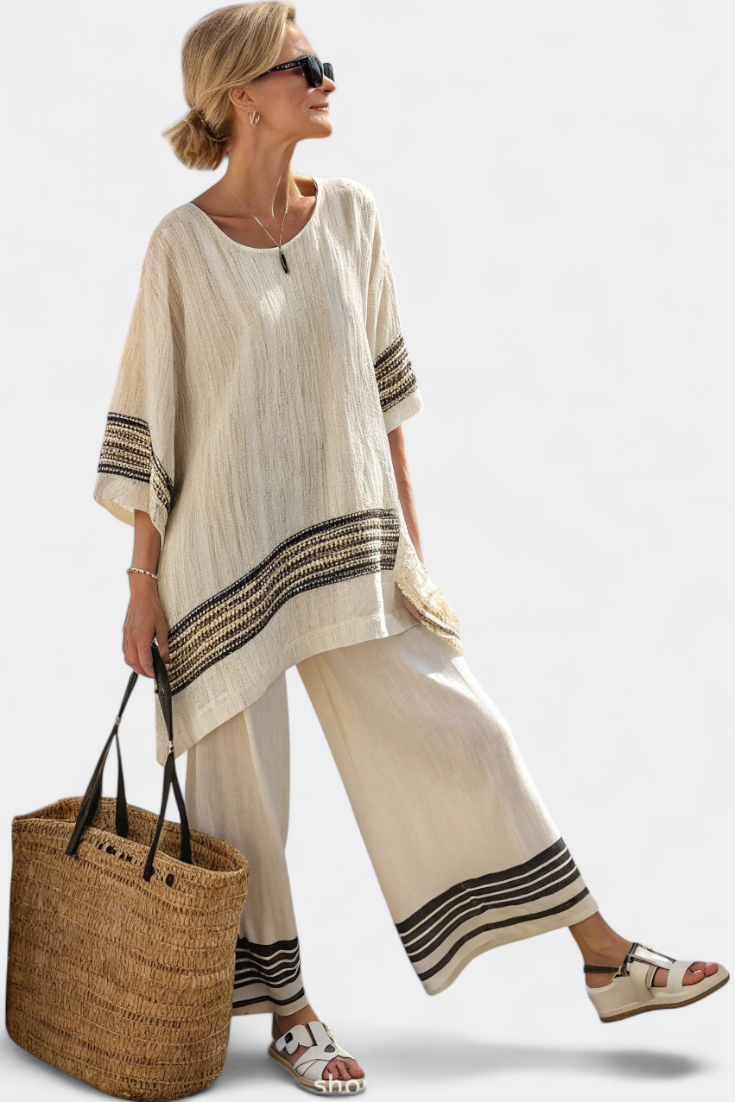 Marie – Elegant Black Striped Linen Top and Flowing Pants