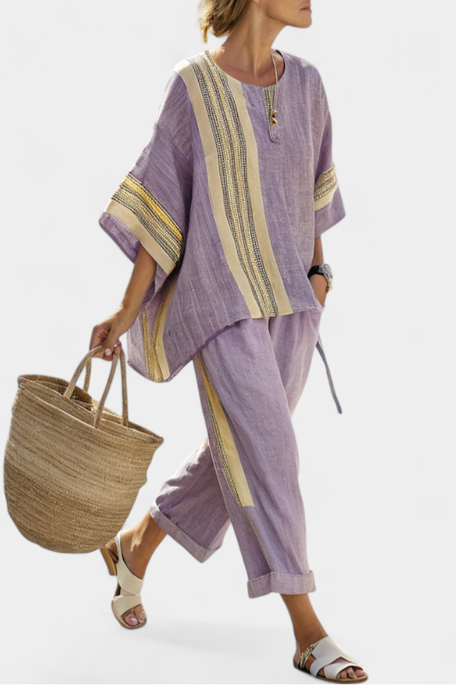 Denisse – Elegant Lavender Top and Mustard-Striped Pants