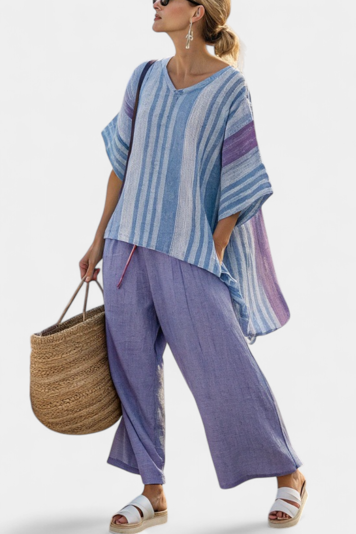 Charlotte – Elegant Lavender and Sky Blue Top and Linen Pants