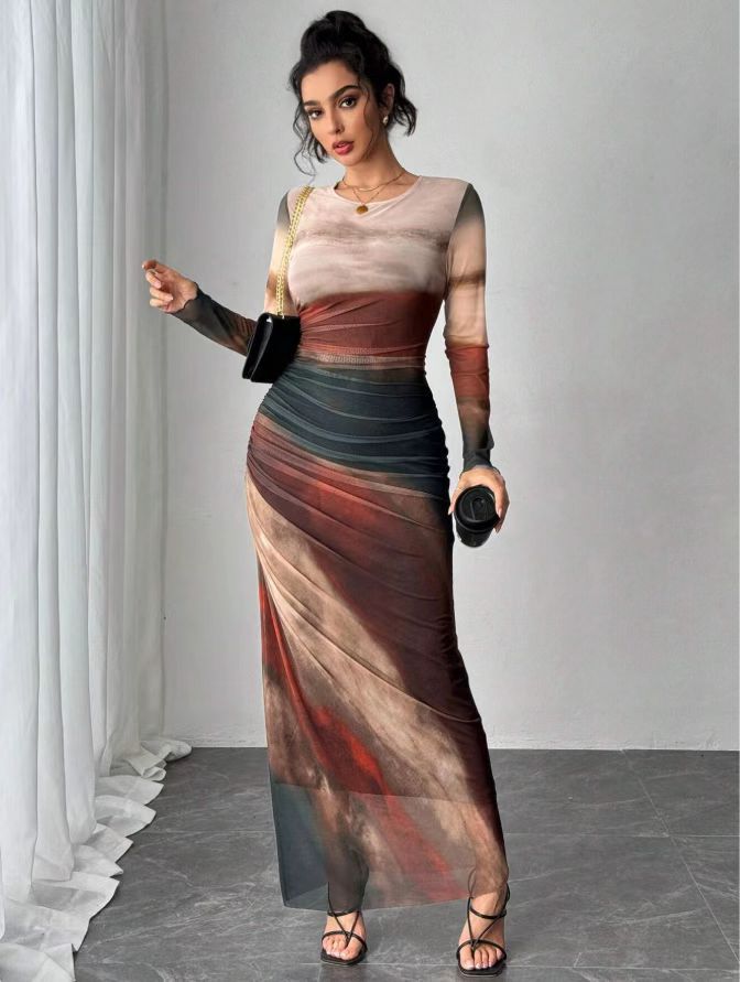 Tyronia – Printed Long Sleeve Bodycon Maxi Dress