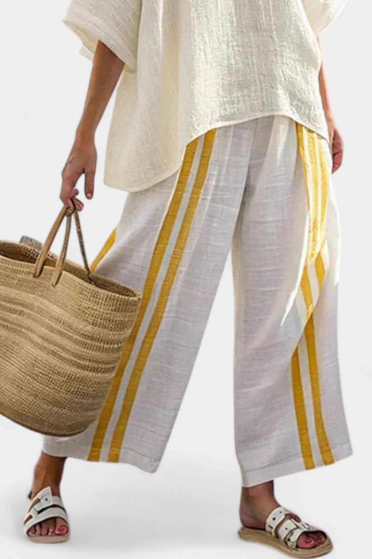 Aria – Elegant Yellow Striped Linen Top and Wide-Leg Pants