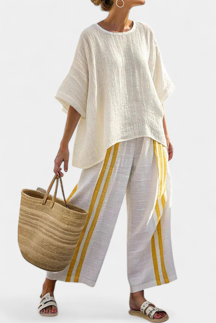 Aria – Elegant Yellow Striped Linen Top and Wide-Leg Pants
