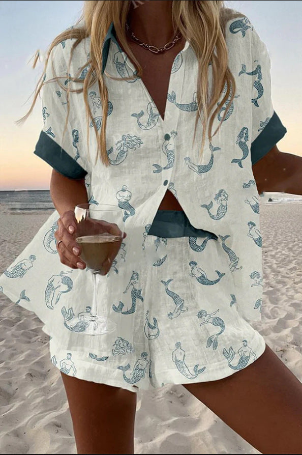 Marina – Linen Mermaid Print Short Set