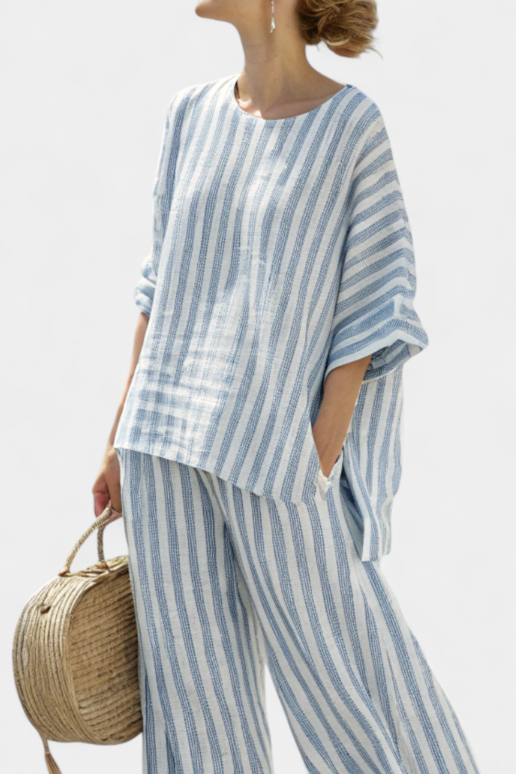 Ricca – Sophisticated Blue Striped Linen Top and Relaxed Pants