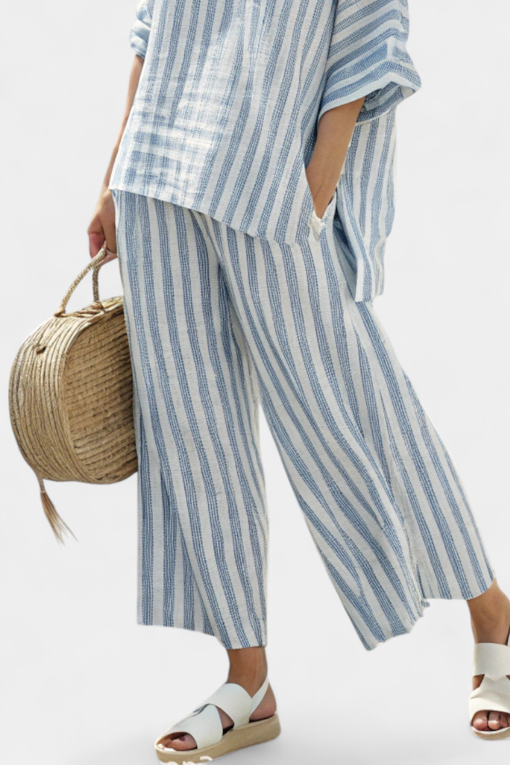 Ricca – Sophisticated Blue Striped Linen Top and Relaxed Pants