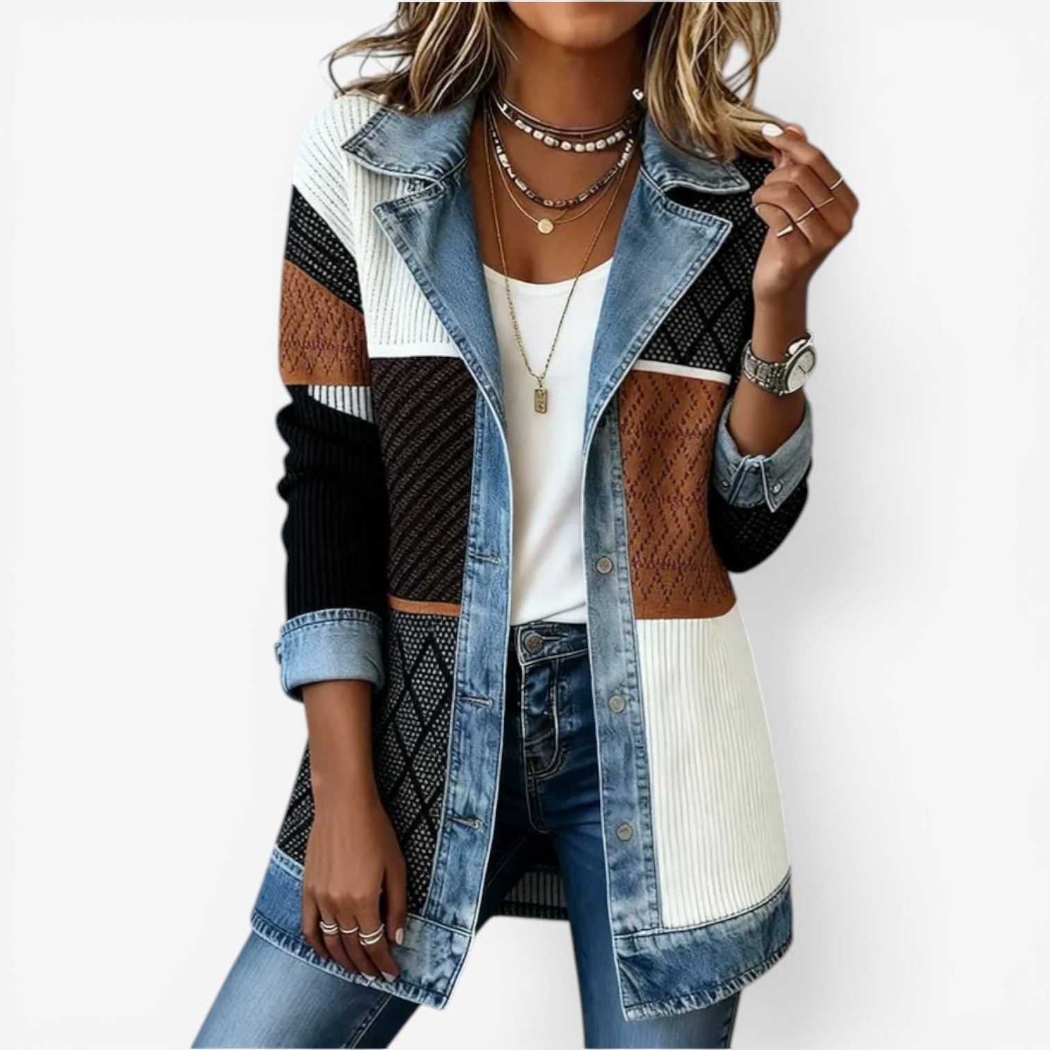 Tricia - Modern Layered Denim Knit Jacket