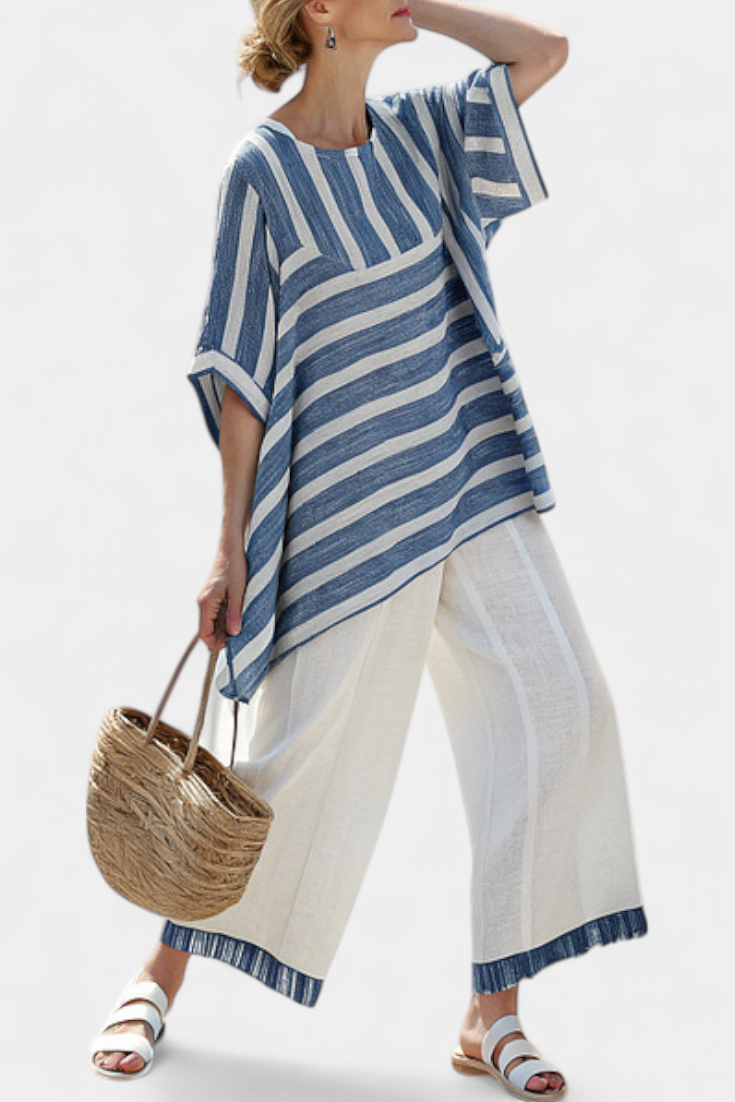 Ella – Sophisticated Blue Striped Top and Pants with Hem Details