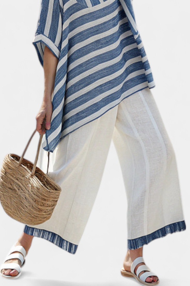 Ella – Sophisticated Blue Striped Top and Pants with Hem Details