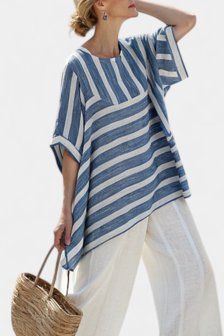 Ella – Sophisticated Blue Striped Top and Pants with Hem Details
