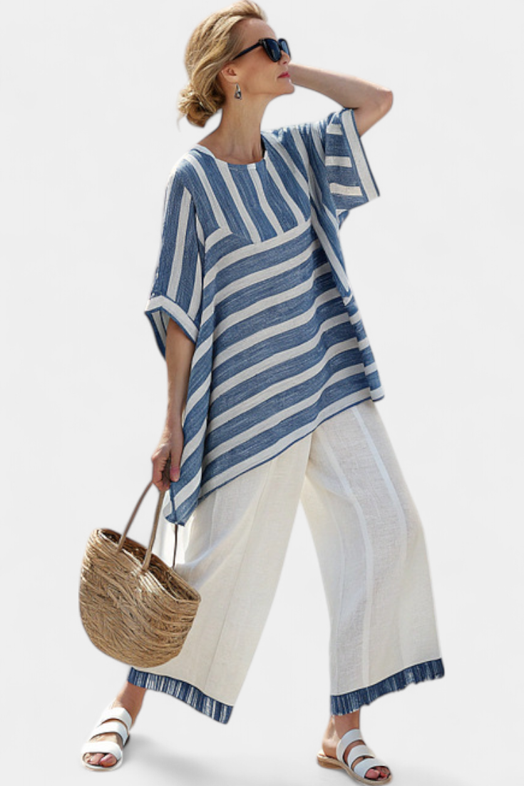 Ella – Sophisticated Blue Striped Top and Pants with Hem Details