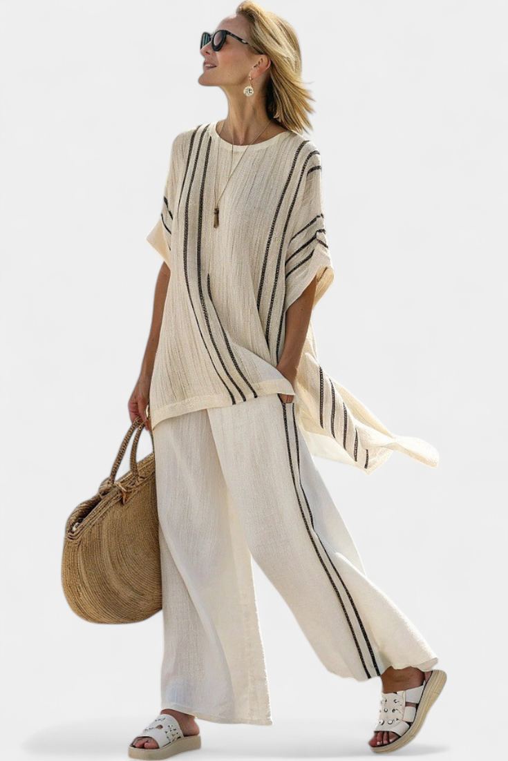 Raffa – Elegant Ivory Linen Blouse and Black Striped Pants