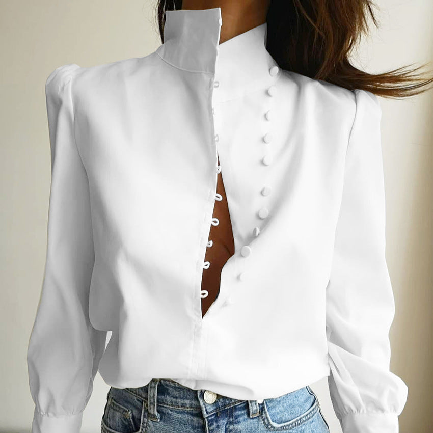 Charm – Elegant Button Front Long Sleeve Blouse