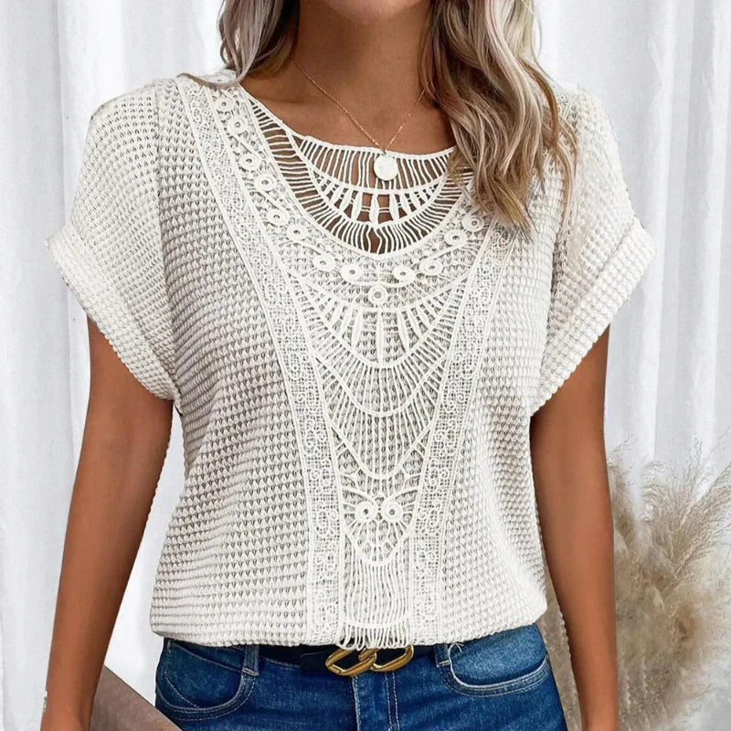 Ariana - Top with Round Neck and Lace Trim