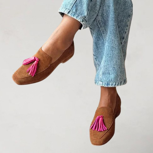 Macy – Brown Square Toe Loafers with Colourblock