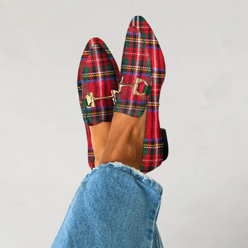 Celia – Trendy Checked Loafers with Metal Buckle