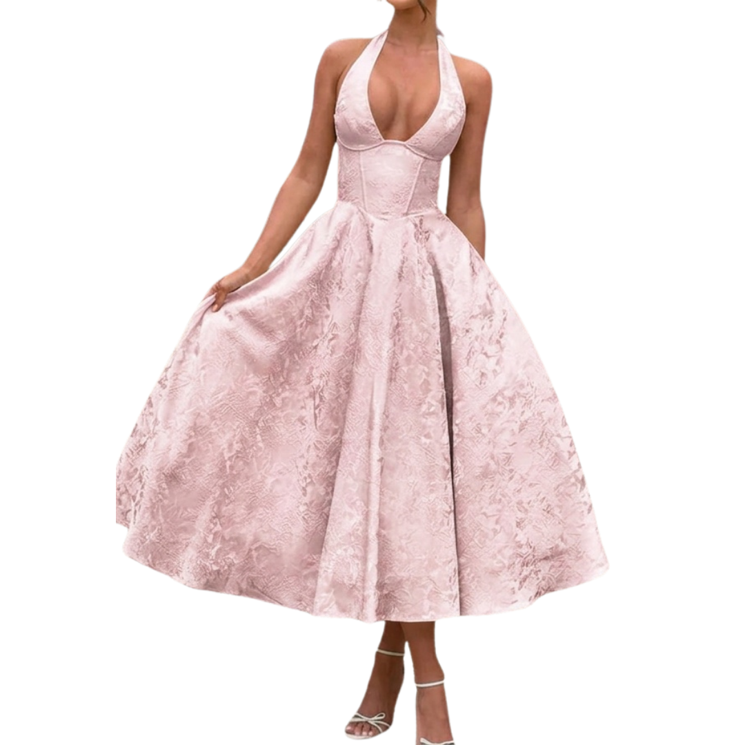 Loraine - Embroidered Halter V-Neck Gown