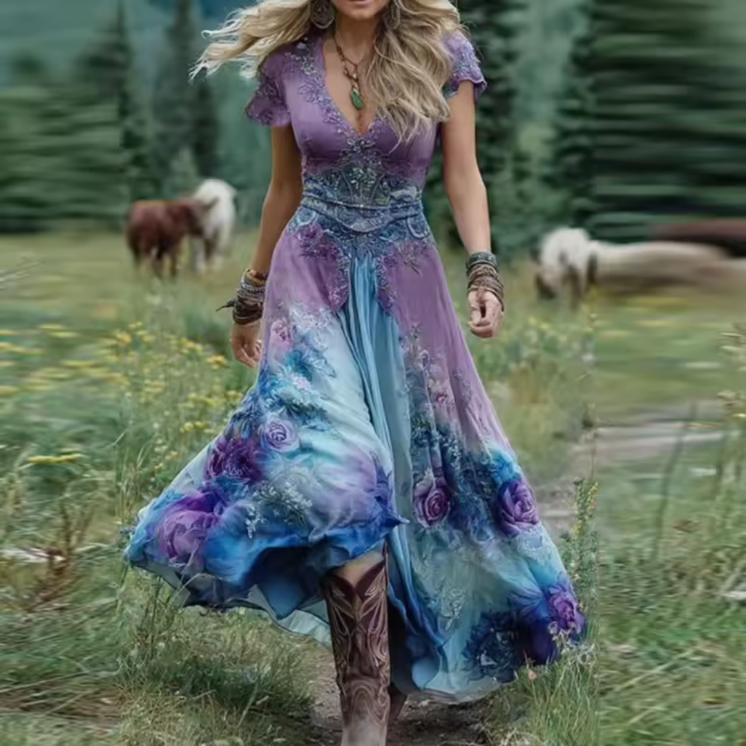 Olga – Flowing Embroidered Floral Dress