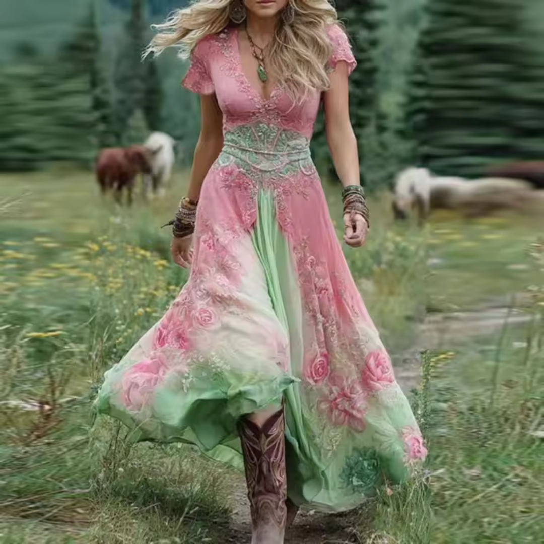 Olga – Flowing Embroidered Floral Dress