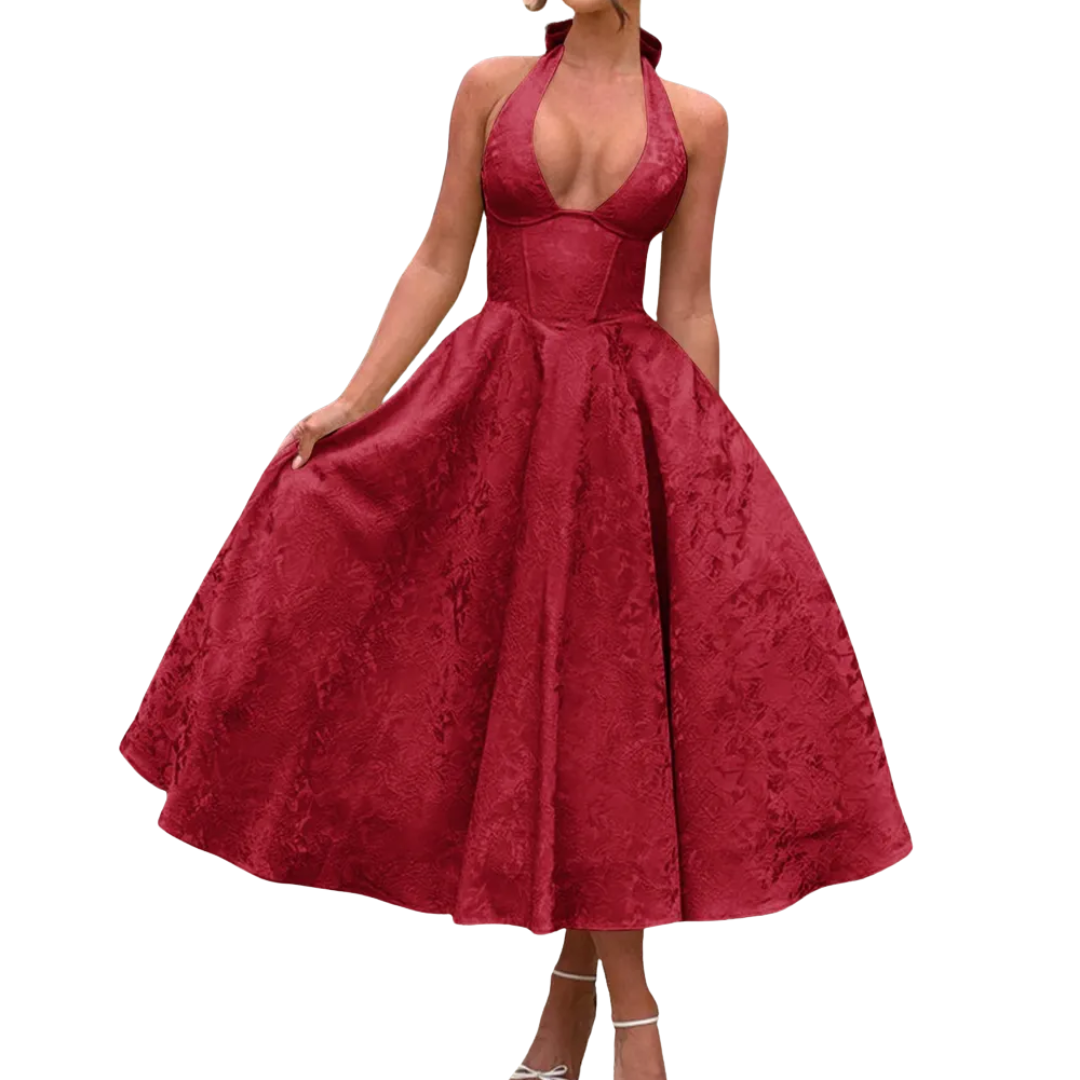 Loraine - Embroidered Halter V-Neck Gown