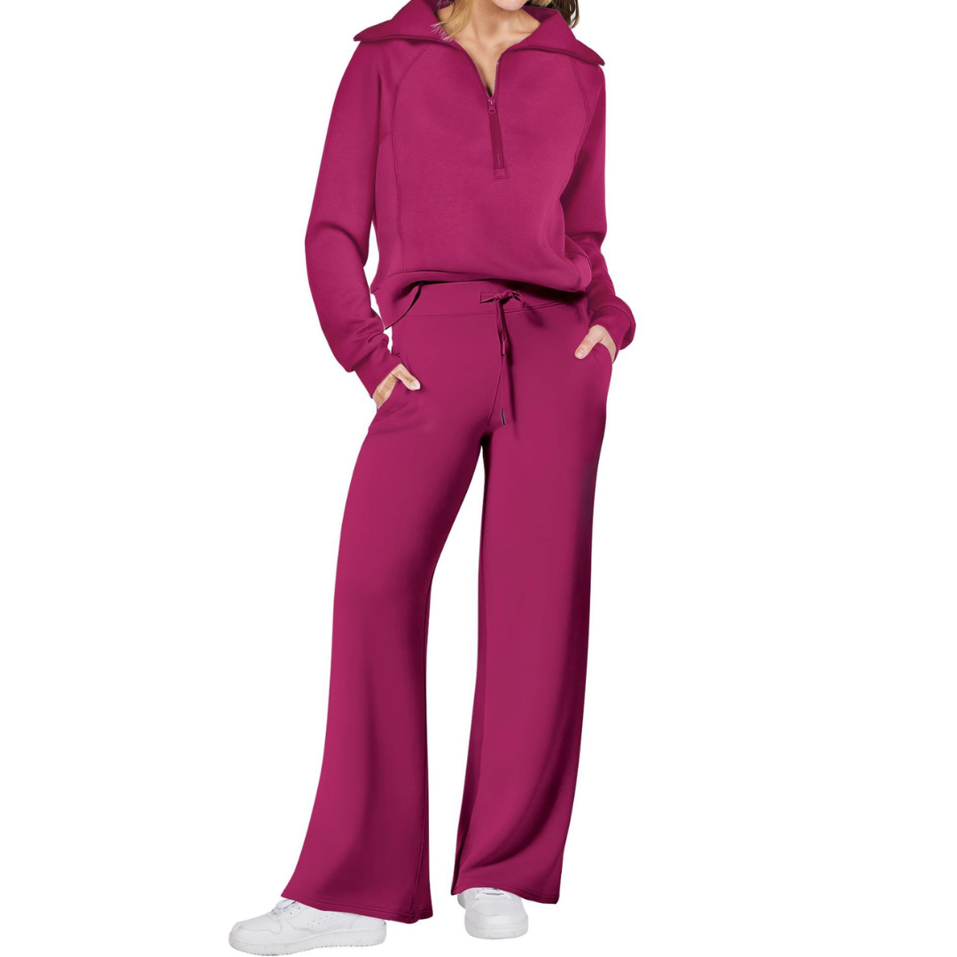 Hazel - Cozy Zip-Up Wide Leg Sweatsuit Set