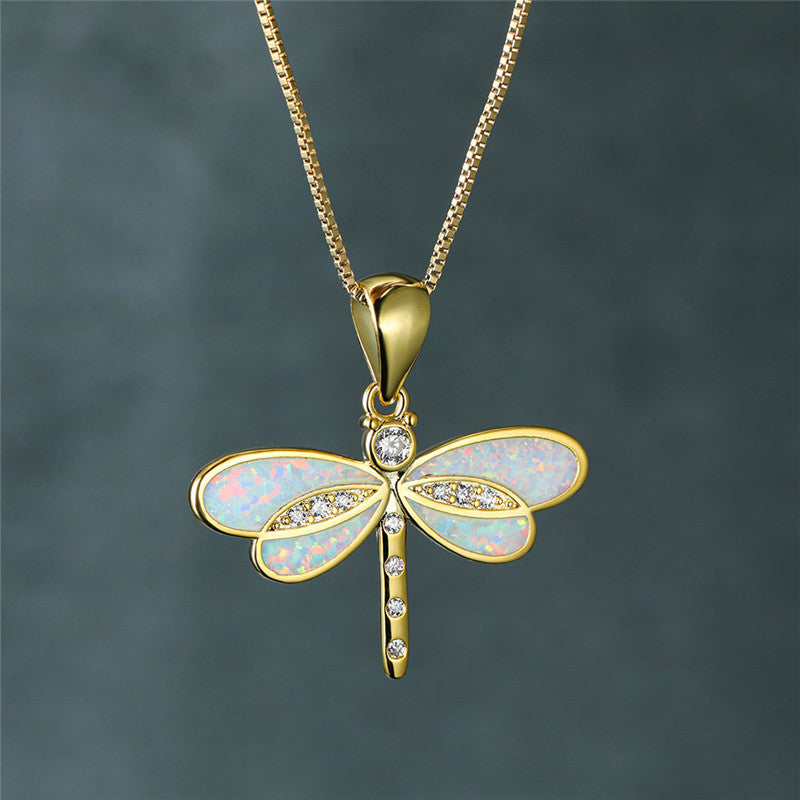 Thea – Gold Necklace with Dragonfly Pendant and Opal
