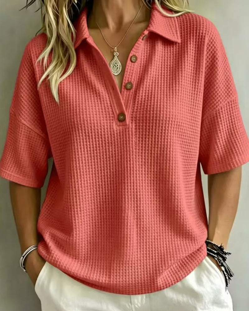 Sabrina – Relaxed Waffle Polo Top