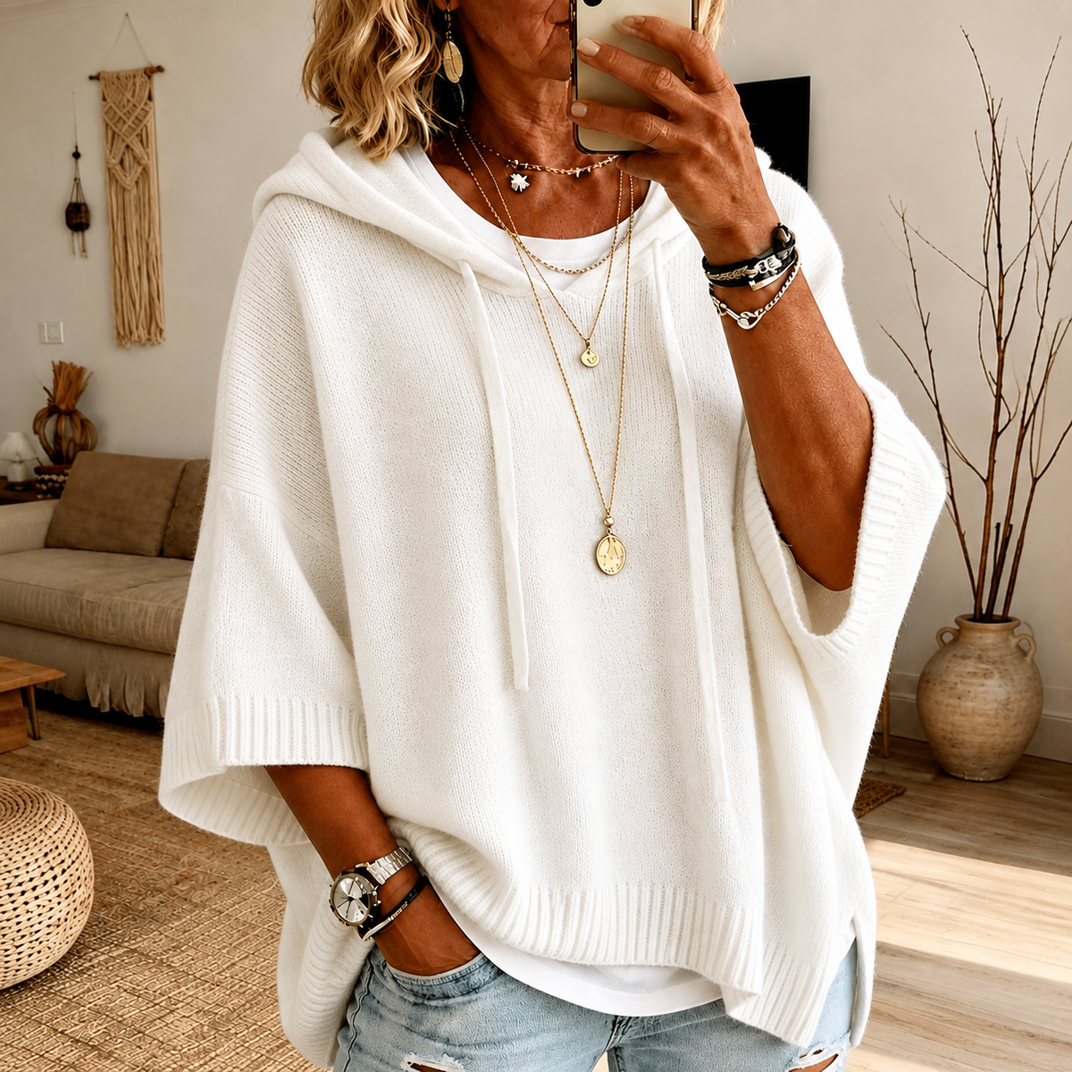 Thea - White Hooded Poncho Sweater