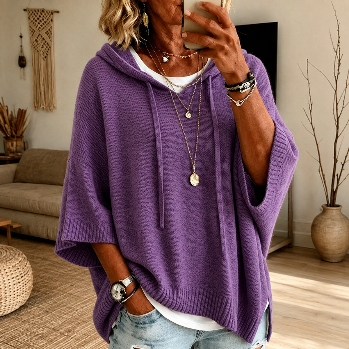 Lexley - Purple Hooded Poncho Sweater