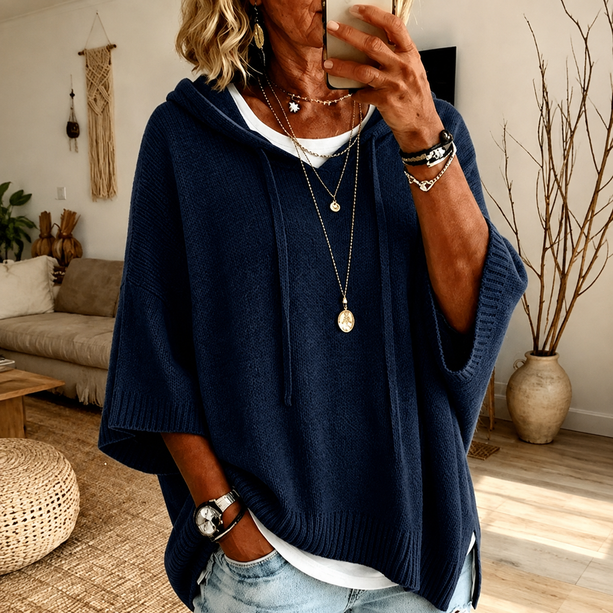 Alena - Navy Blue Hooded Poncho Sweater