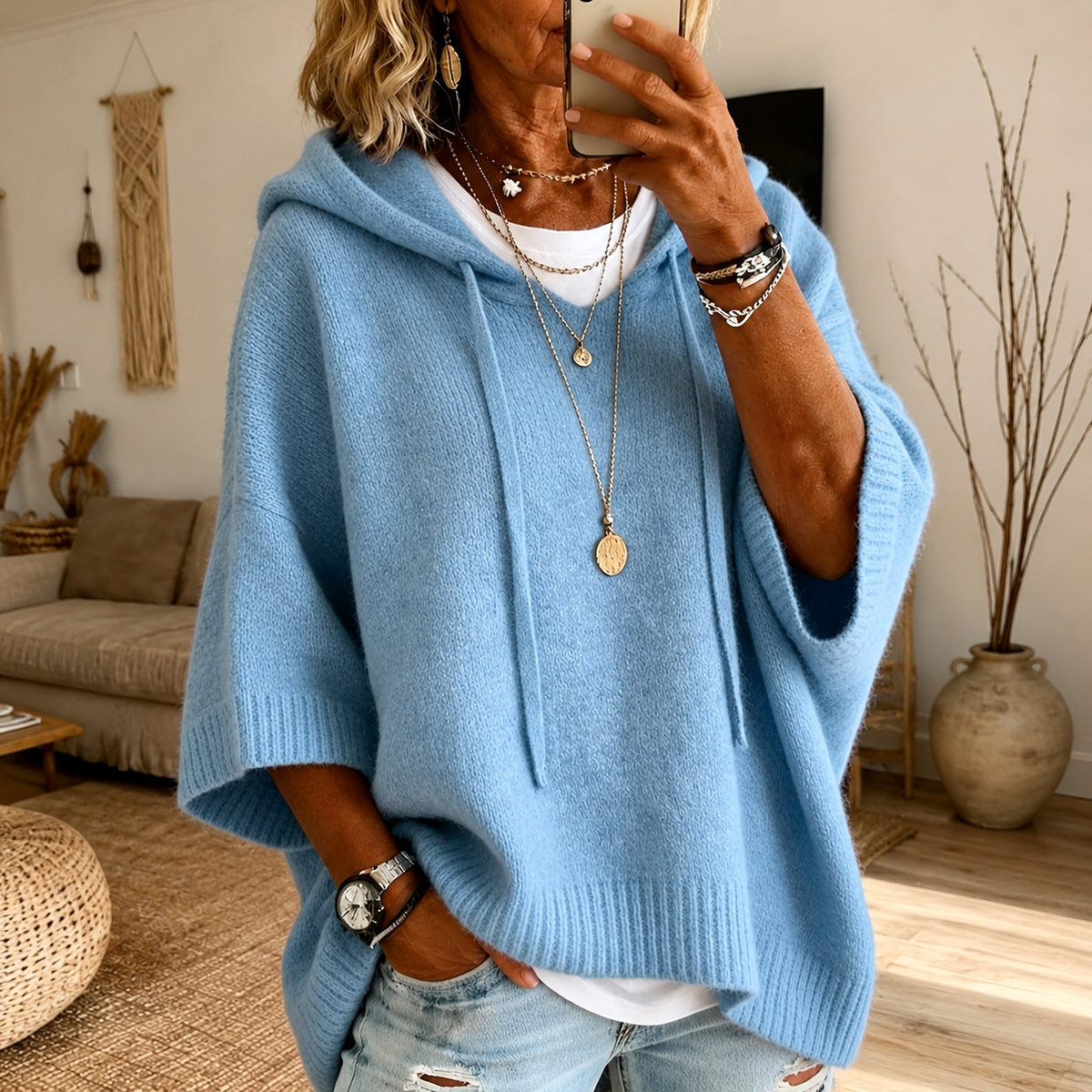 Edith - Sky Blue Hooded Poncho Sweater