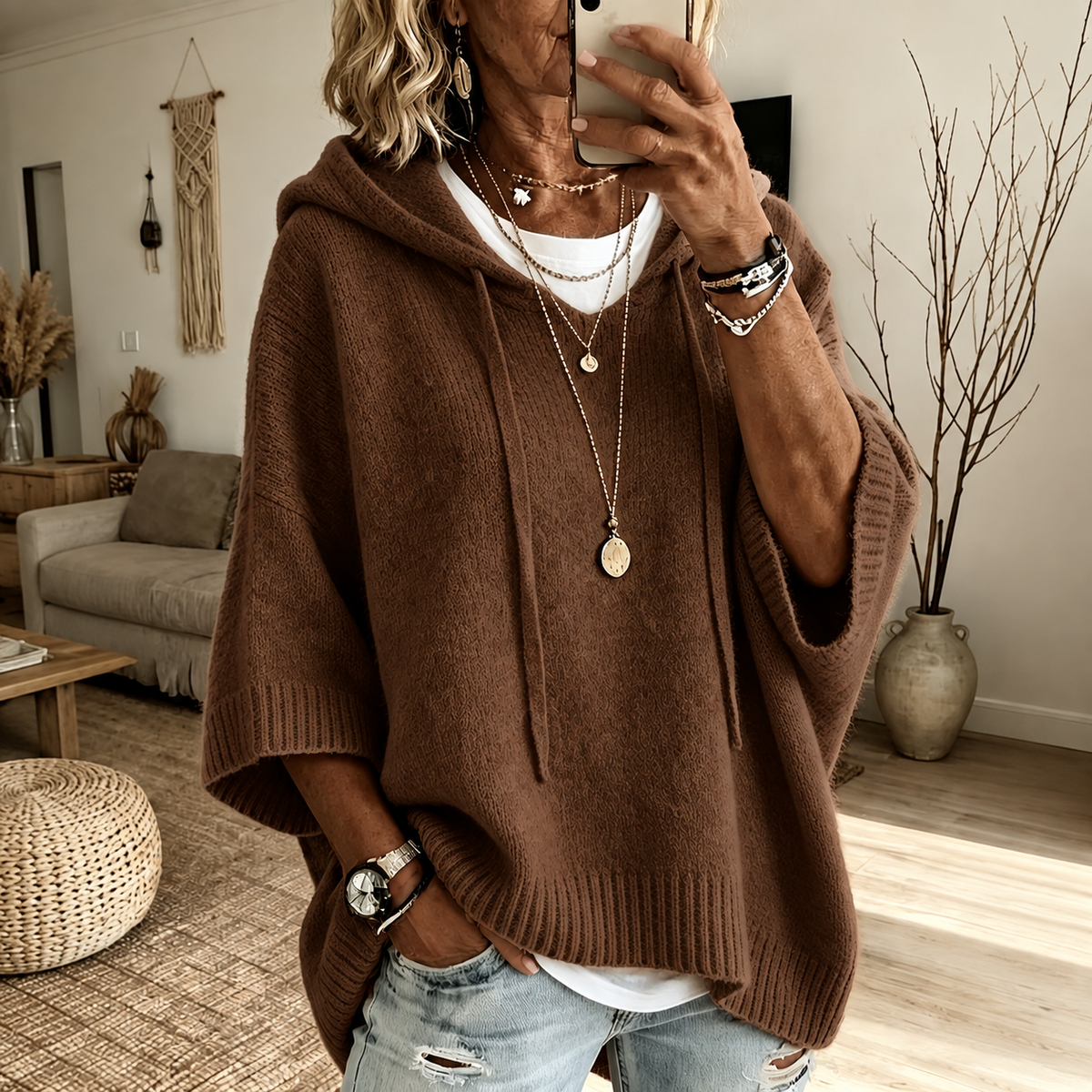 Ember - Brown Hooded Poncho Sweater