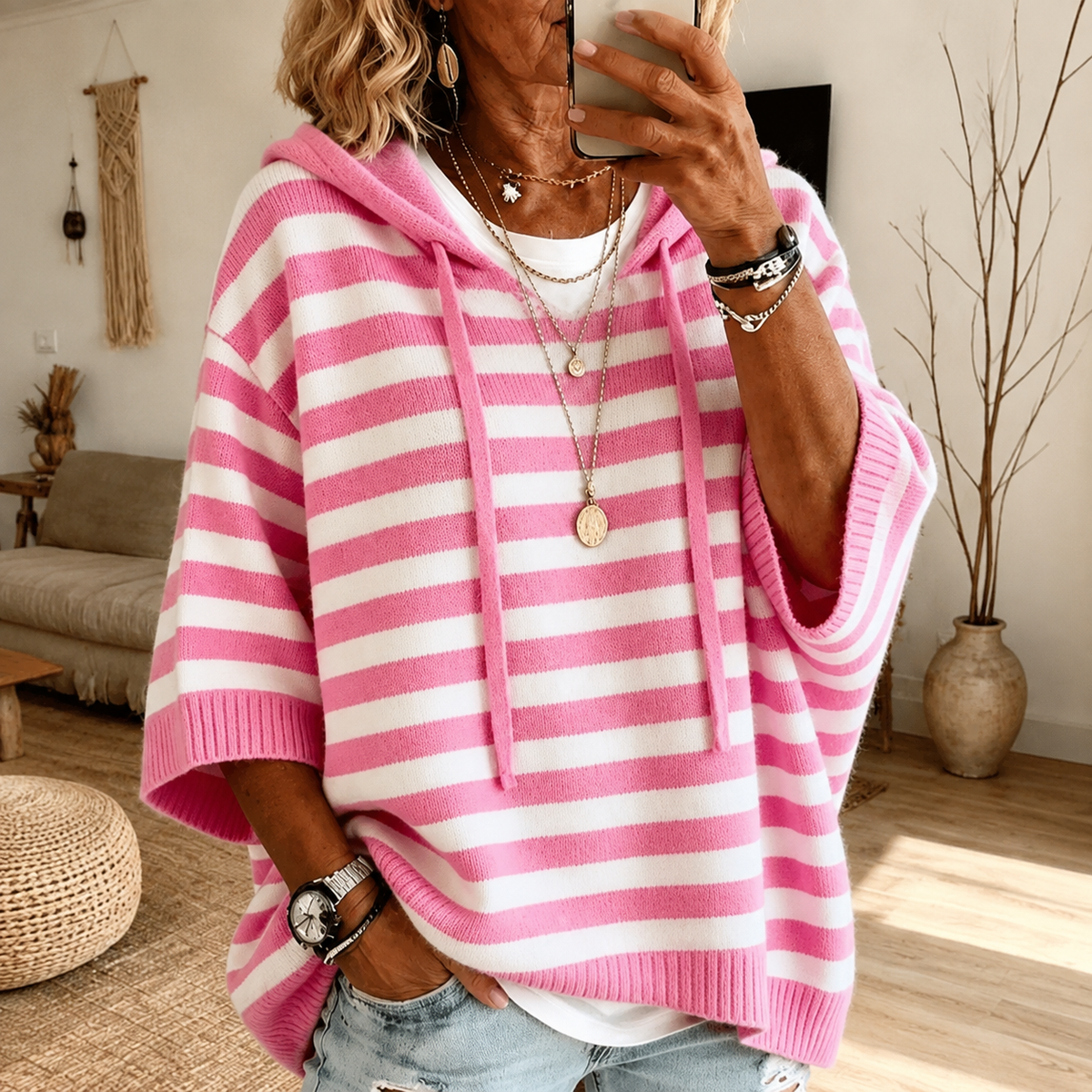 Camille - Pink Striped Hooded Poncho Sweater