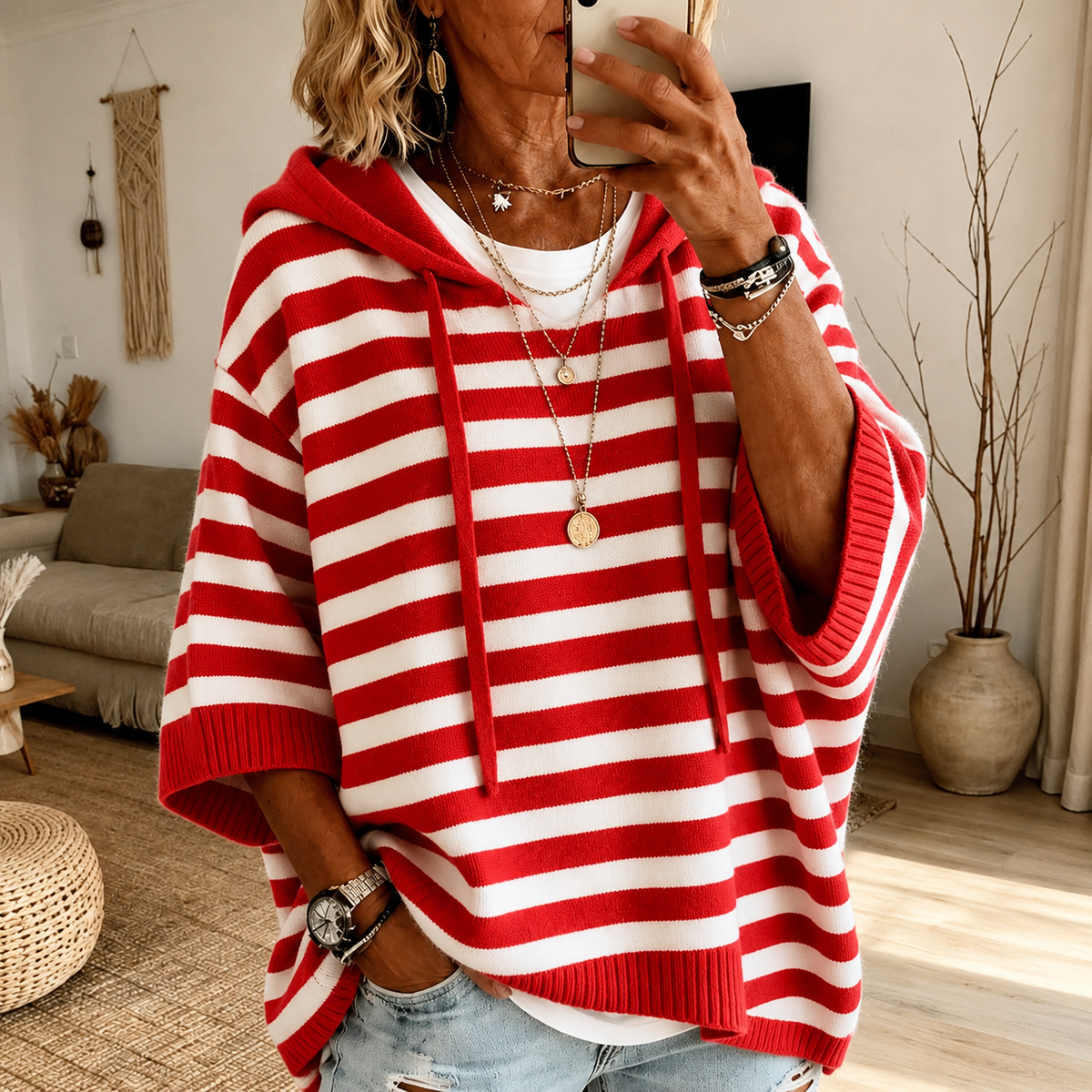 Chanel - Red Striped Hooded Poncho Sweater