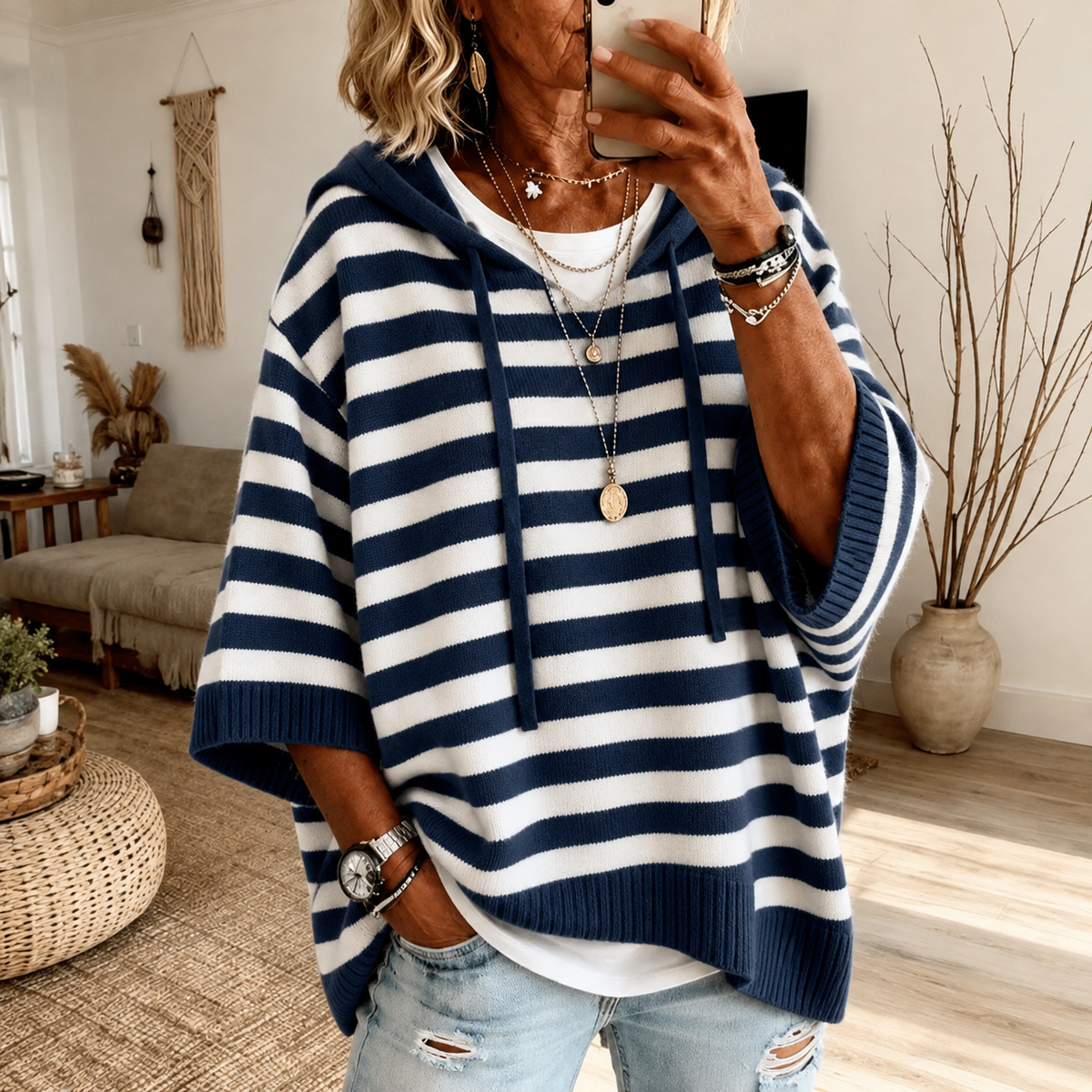 Marine - Navy Blue Striped Hooded Poncho Sweater
