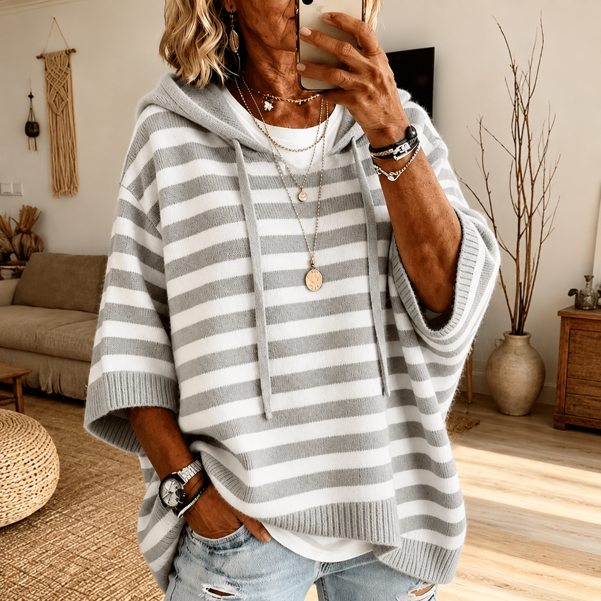 Kailey - Gray Striped Hooded Poncho Sweater