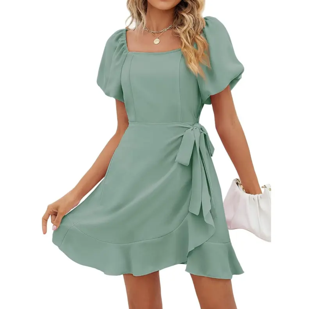 Jonalie - Square Neck Puff Sleeve Tie Waist Summer Dress