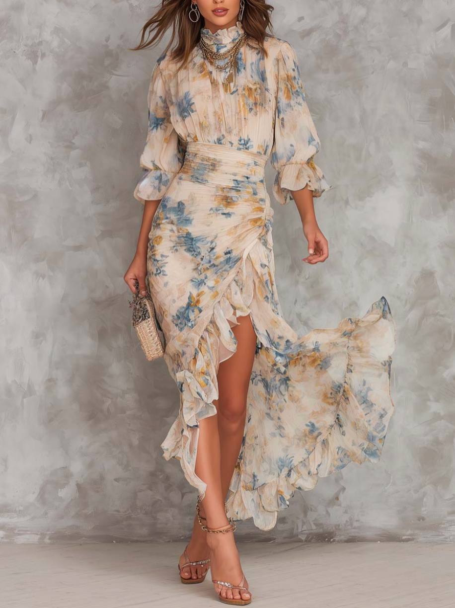 Useya - Beige Turtleneck Oil Painting Floral Print Chiffon Maxi Dress