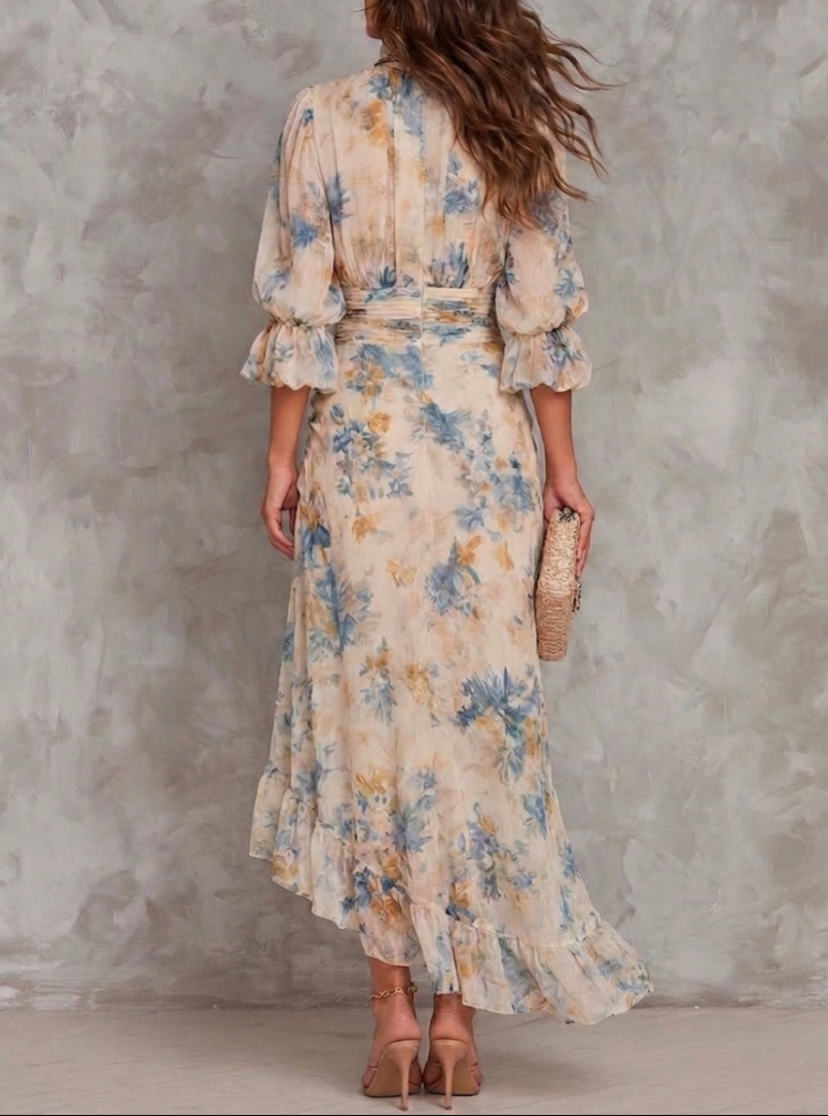 Useya - Beige Turtleneck Oil Painting Floral Print Chiffon Maxi Dress